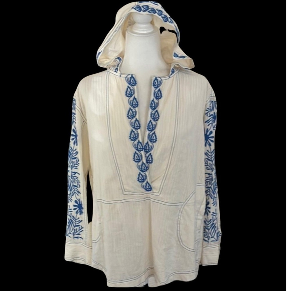 Free People Lagos Embroidered Hoodie Cream Blue Oversized Boho S